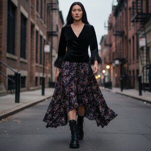 VTG Cachet Velvet Feather Sz S V-neck Castlecore Regency Whimsigoth Black Top